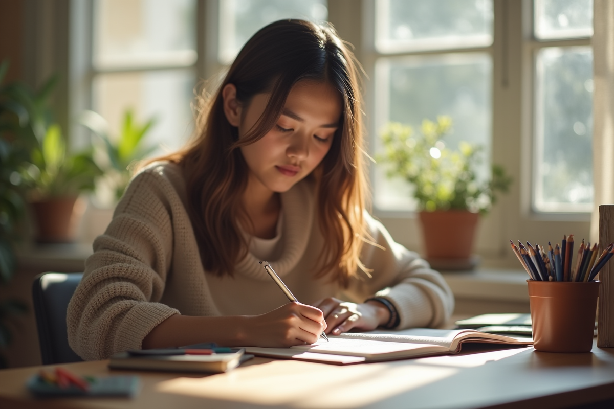 Personne journalisant dans un bureau organisé le matin
