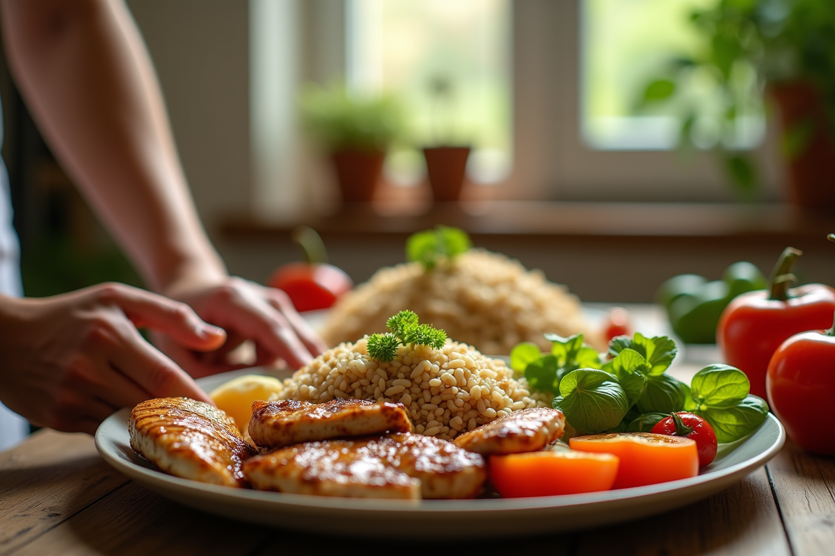 Personne préparant un repas sain avec riz brun et légumes