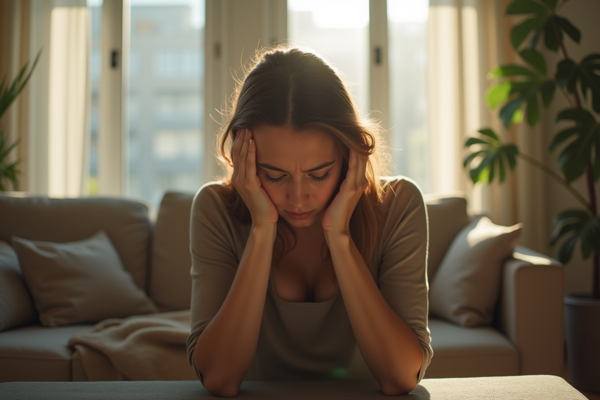 Personne pensant dans un salon lumineux et moderne