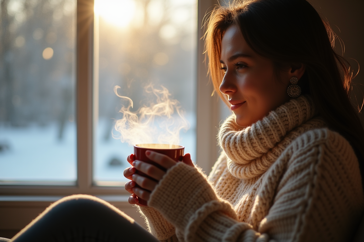 Personne assise près d'une fenêtre en pull chaud avec une tasse de vapeur