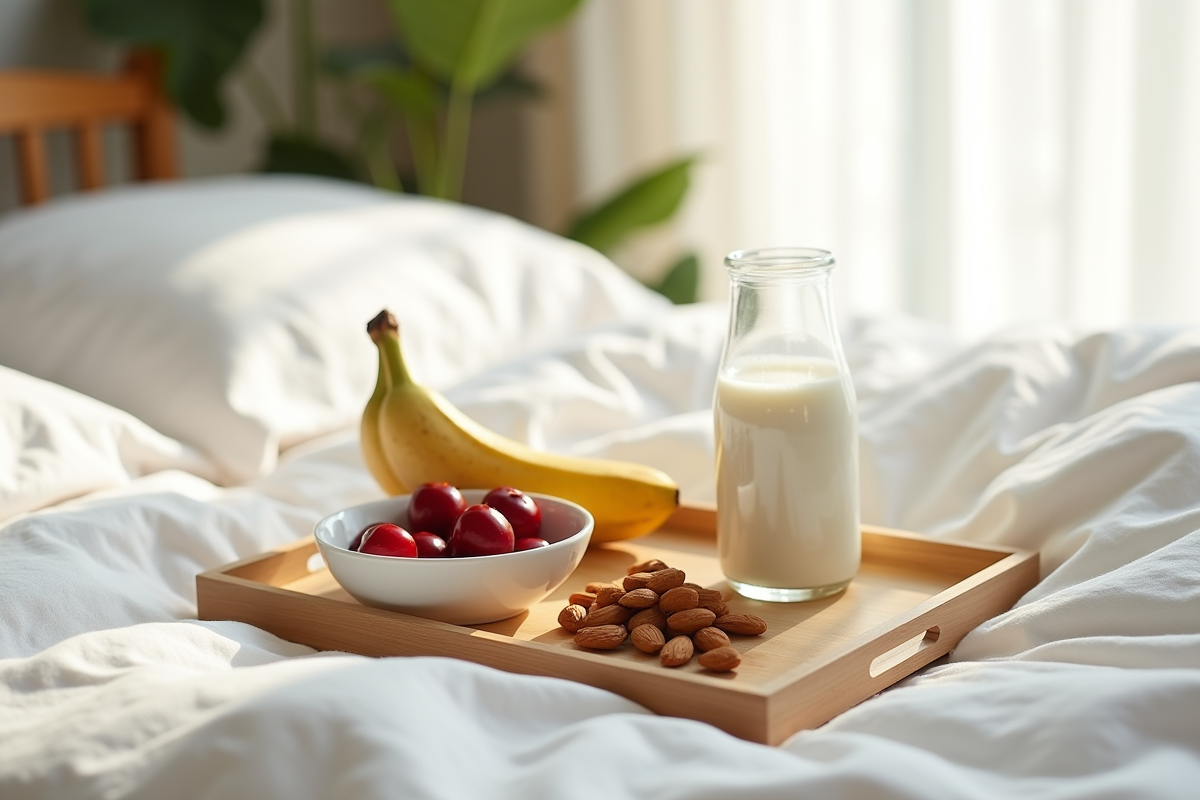 Petit déjeuner sur lit avec fruits et lait pour un matin doux
