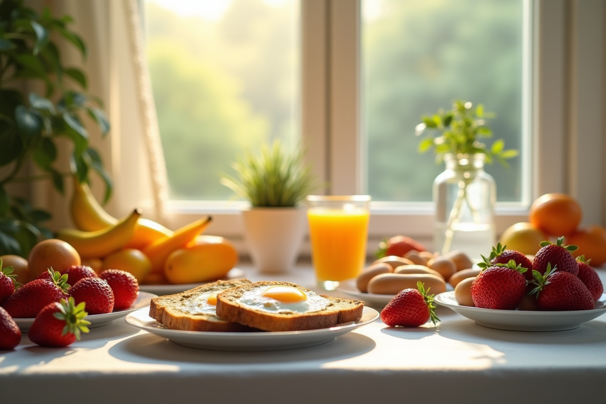 Petit déjeuner sain avec fruits et œufs lumineux