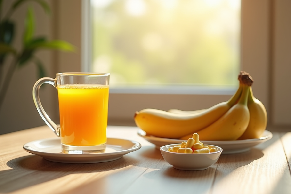 Table petit déjeuner avec jus d orange et bananes mûres