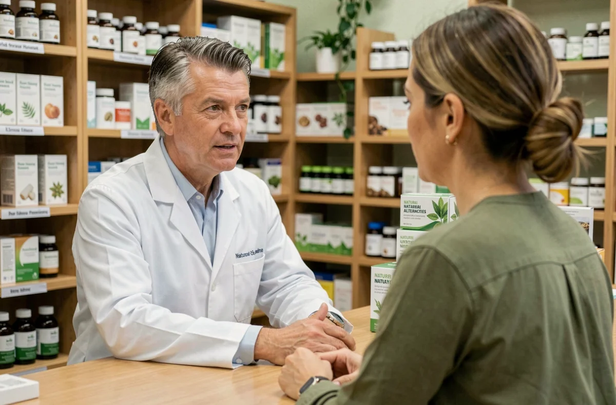Pharmacien conseillant une cliente sur les alternatives naturelles à Indiva System en officine