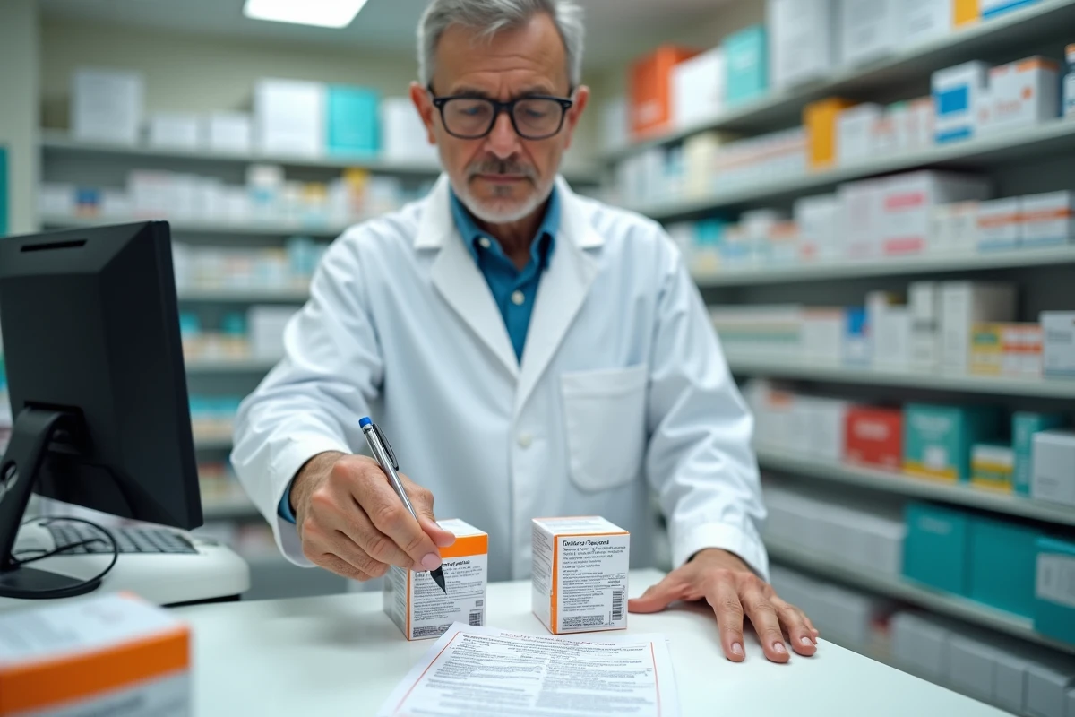 Pharmacien expliquant l'intervalle de temps entre la prise d'ibuprofène et de tramadol en post-opératoire