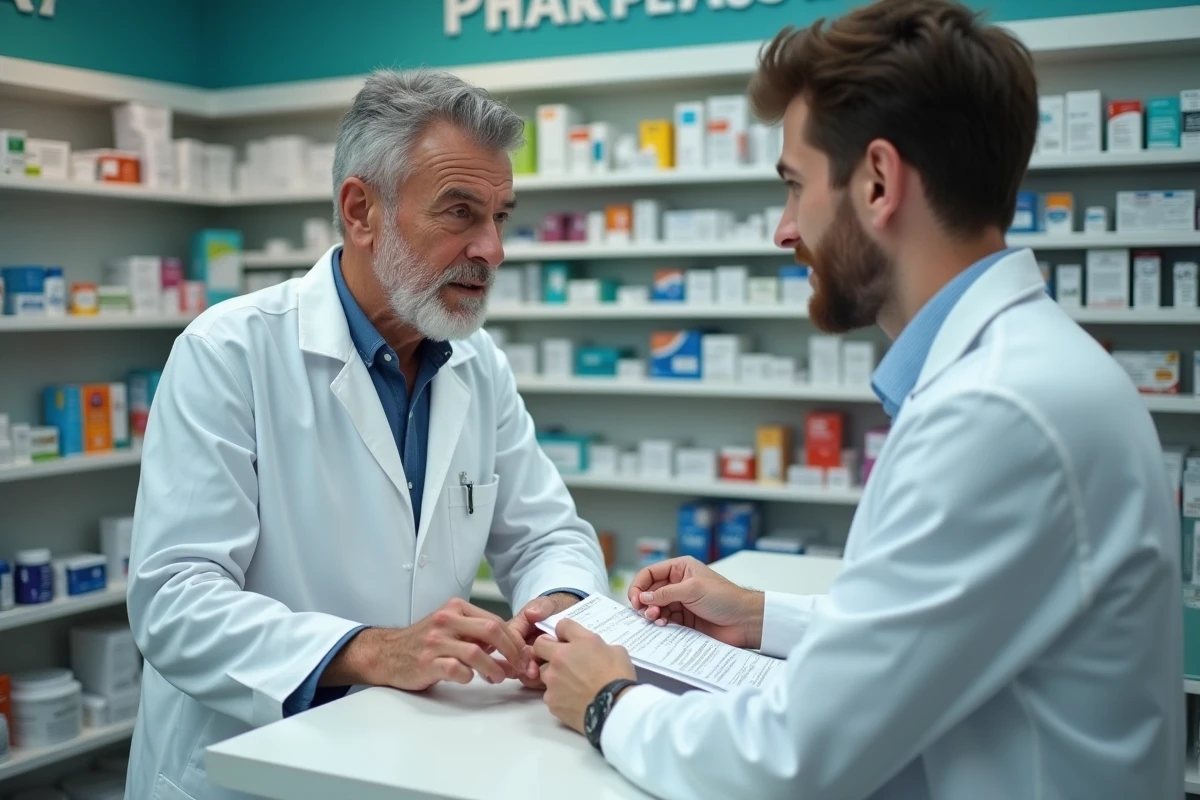 Pharmacien expliquant des médicaments à un jeune homme