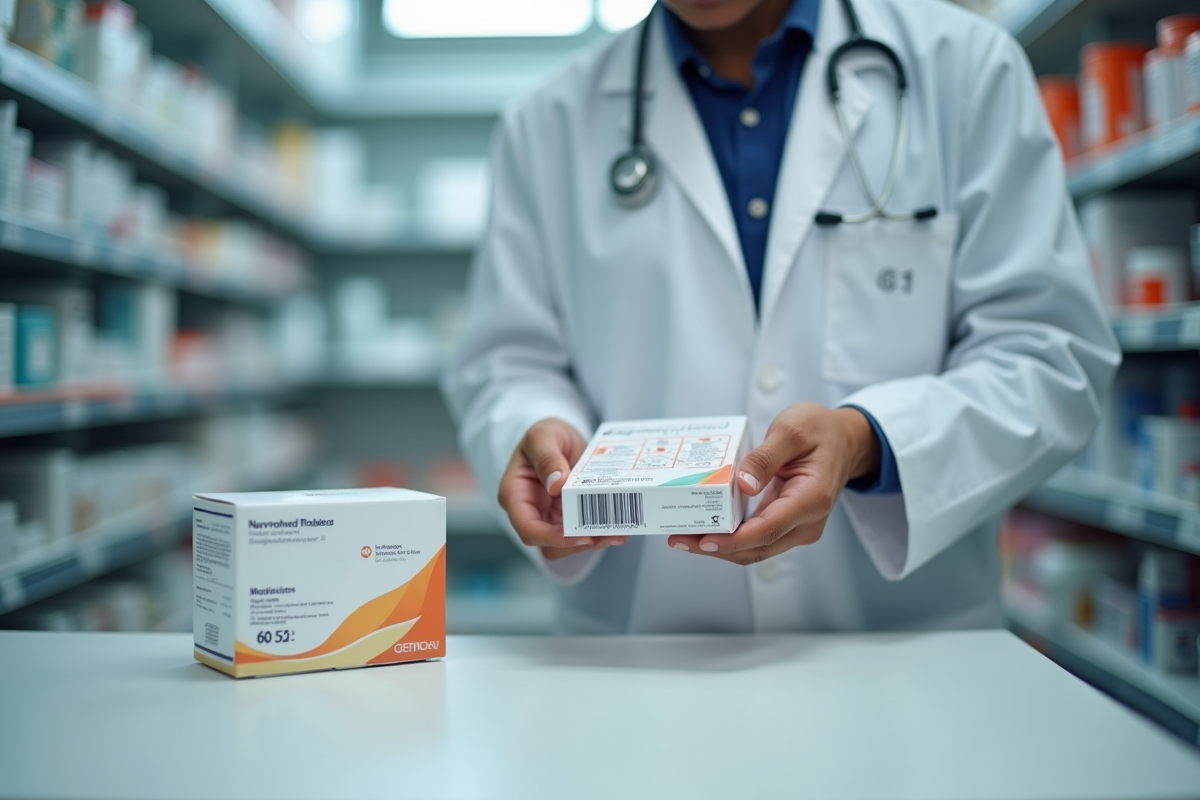 Pharmacien scannant un médicament en pharmacie