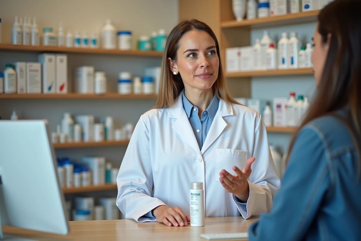 Pharmacienne conseillant une patiente sur l'utilisation du sérum physiologique pour les yeux