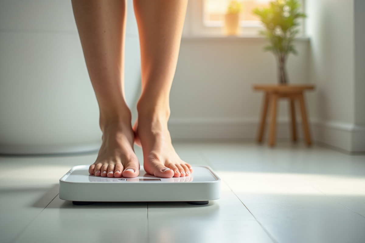 Pieds d'une femme sur une balance avec léger gonflement aux chevilles