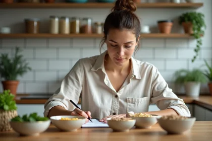 Femme planifiant son menu régime API dans un carnet sur une table en bois avec des ingrédients sains