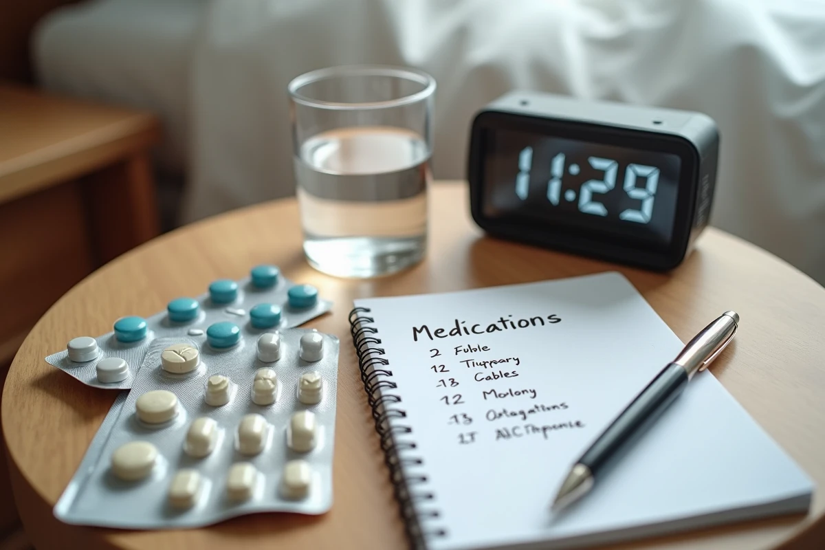 Plaquettes de médicaments ibuprofène et tramadol posées sur une table de chevet avec un réveil et un planning de prises post-opératoires