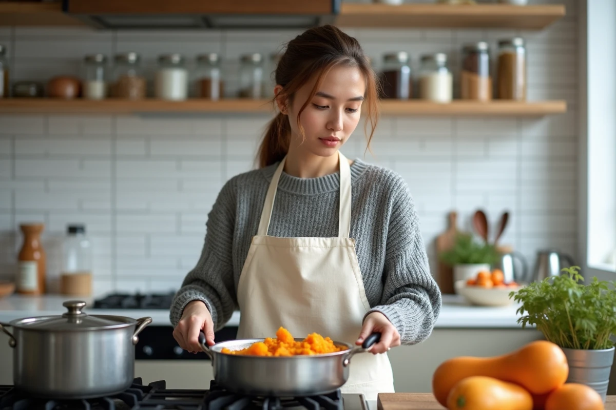 Femme préparant une purée de butternut dans une cuisine moderne avec tablier crème