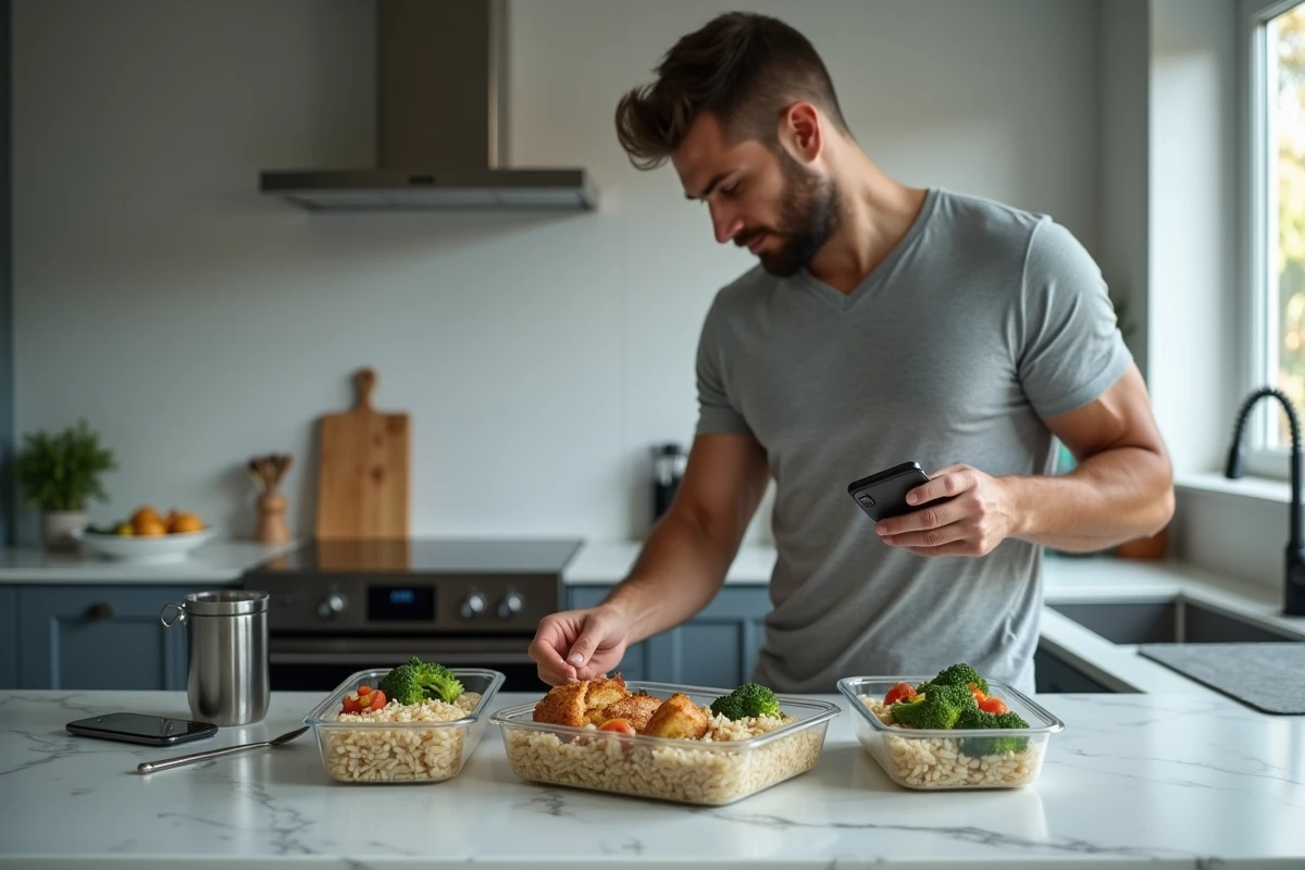 Homme préparant des repas équilibrés en portions dans des boîtes pour suivre la méthode API régime