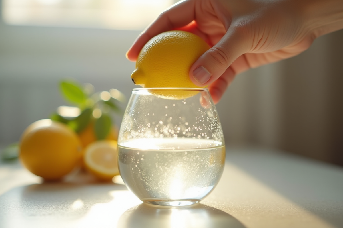Main pressant un citron sur une eau glacée fraîche