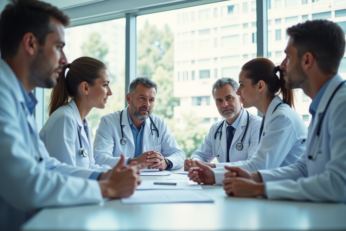 Groupe de professionnels de santé en réunion dans un hôpital