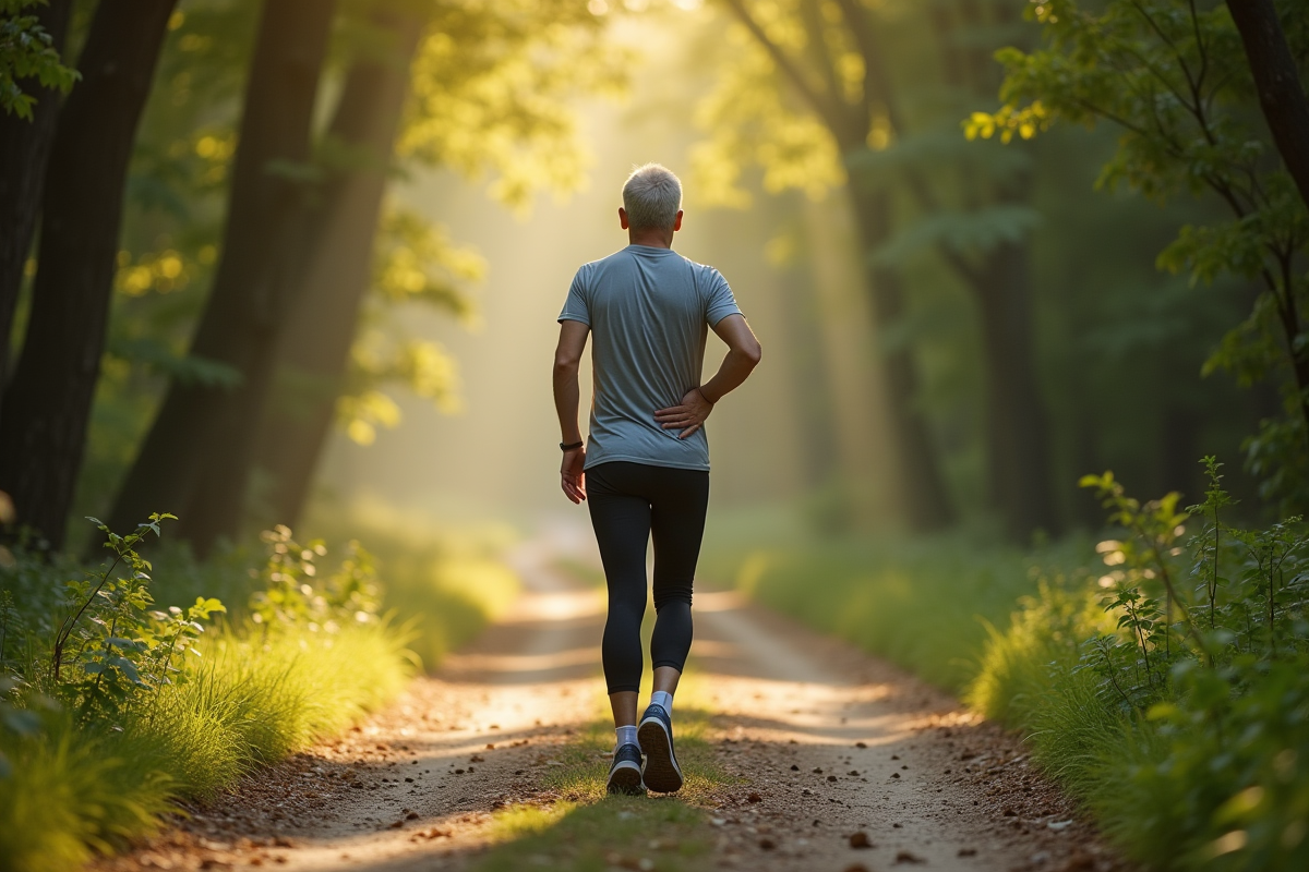 Personne marchant dans la forêt au matin avec lumière naturelle