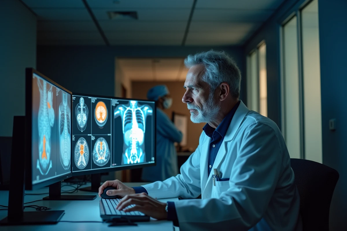 Radiologue analysant les résultats d'un examen TEP-scan sur double écran dans un service d'imagerie médicale