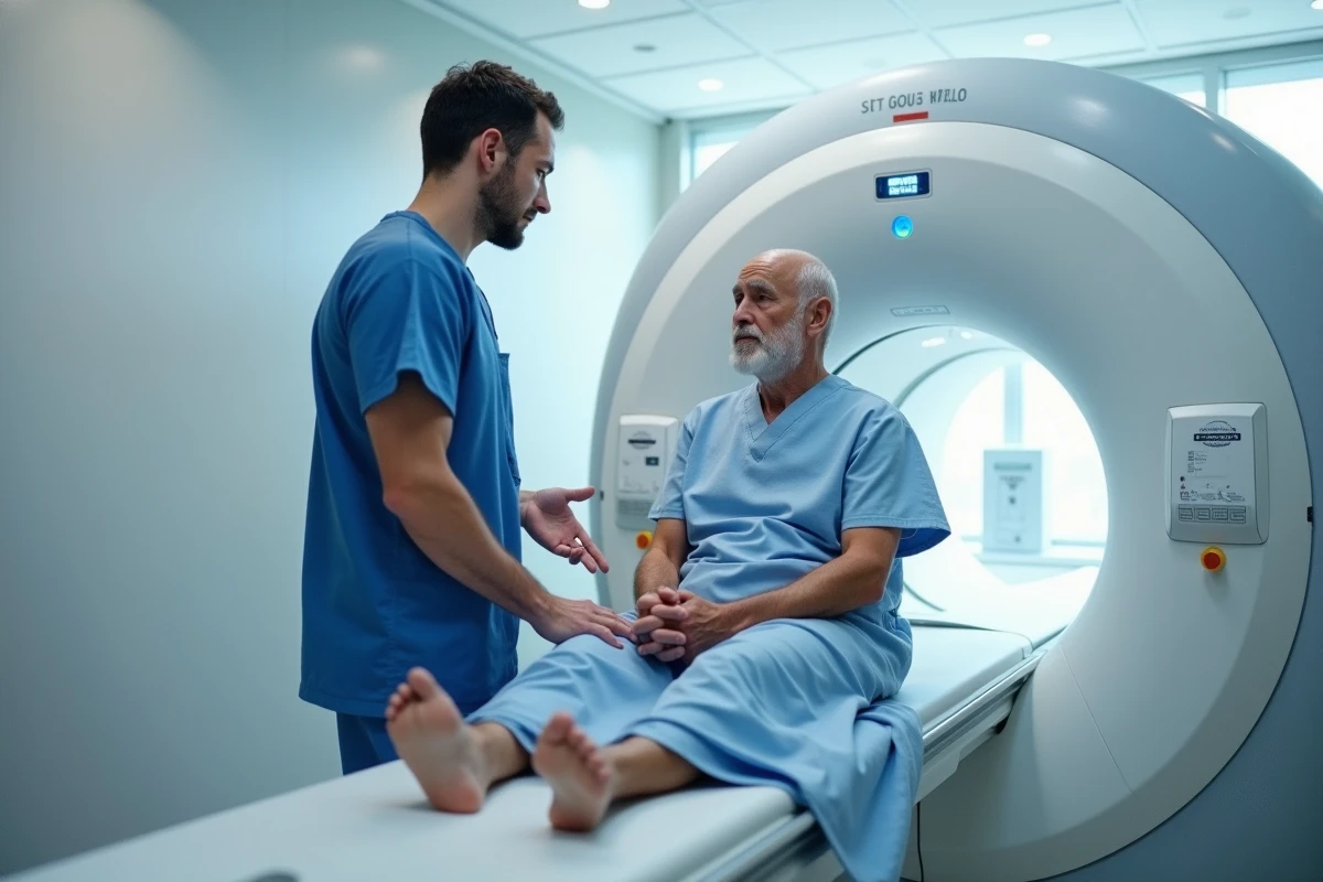 Radiologue rassurant un patient claustrophobe avant son examen IRM ouvert en milieu hospitalier