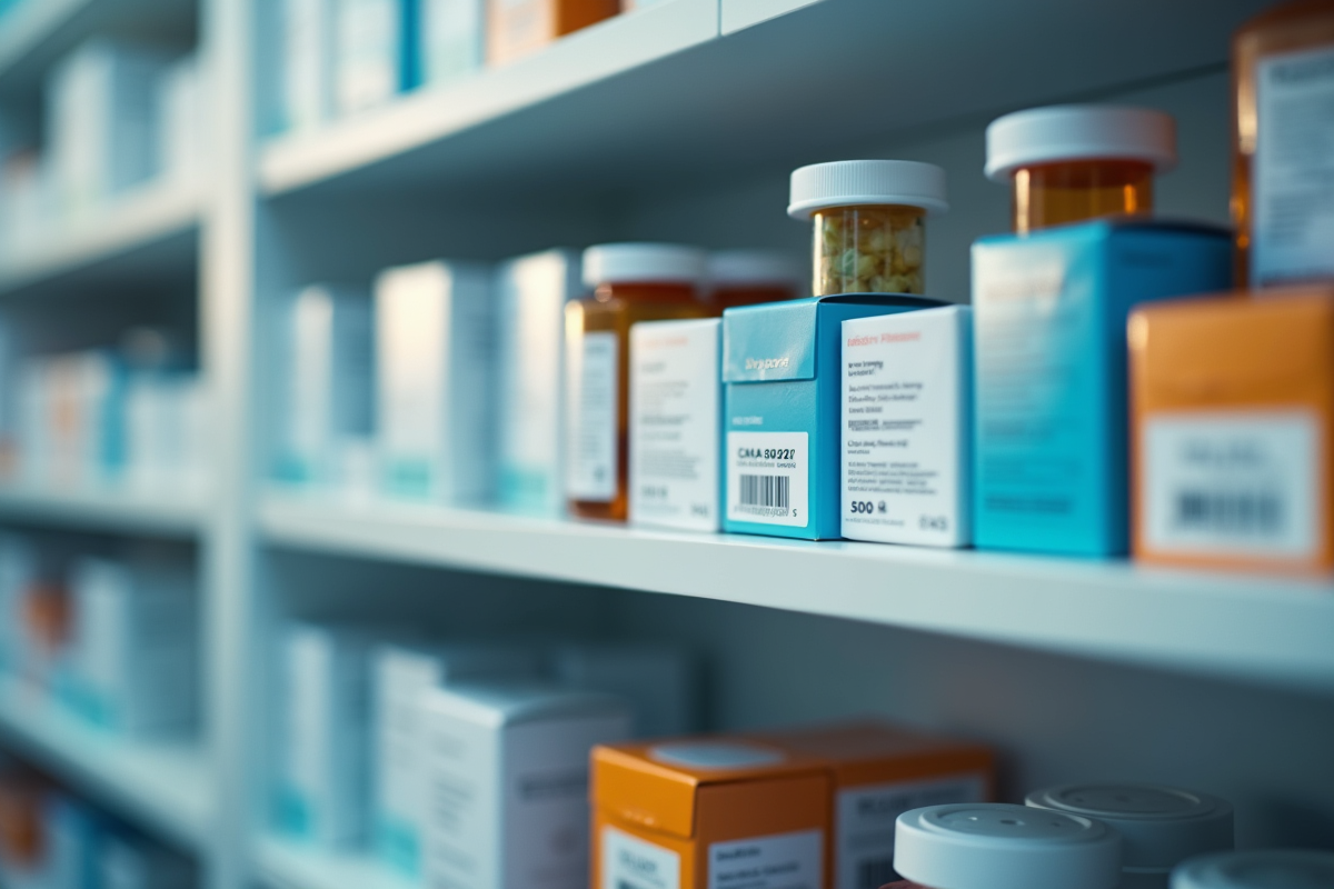 Étagère de médicaments avec étiquettes et codes