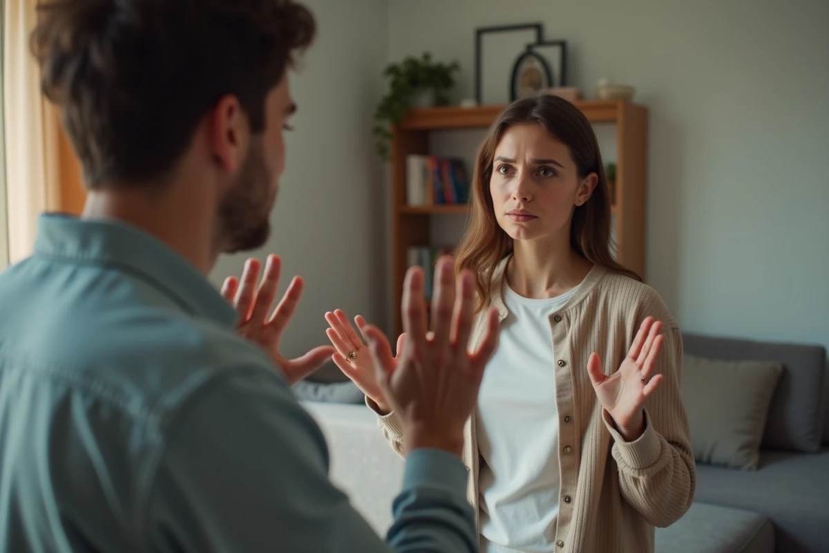 Un homme levant les mains face à une femme en larmes dans un salon, illustrant la remarque invalidante 'tu réagis de manière disproportionnée'