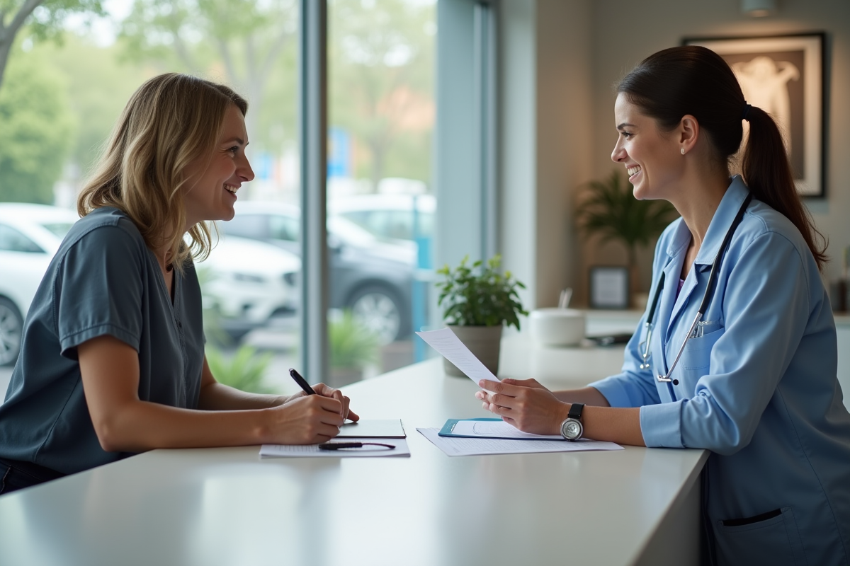 Femme discutant avec un agent d assurance santé