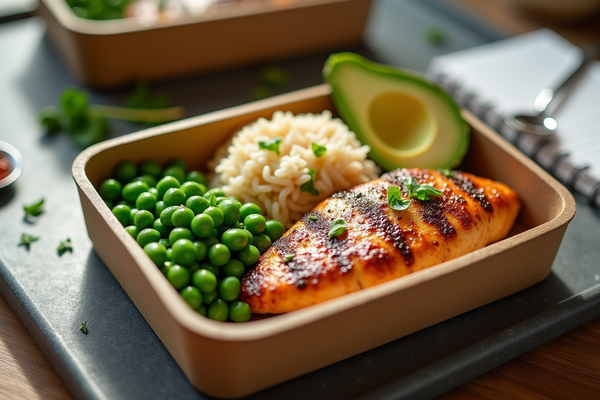 Plateau repas avec riz poulet avocat et legumes verts