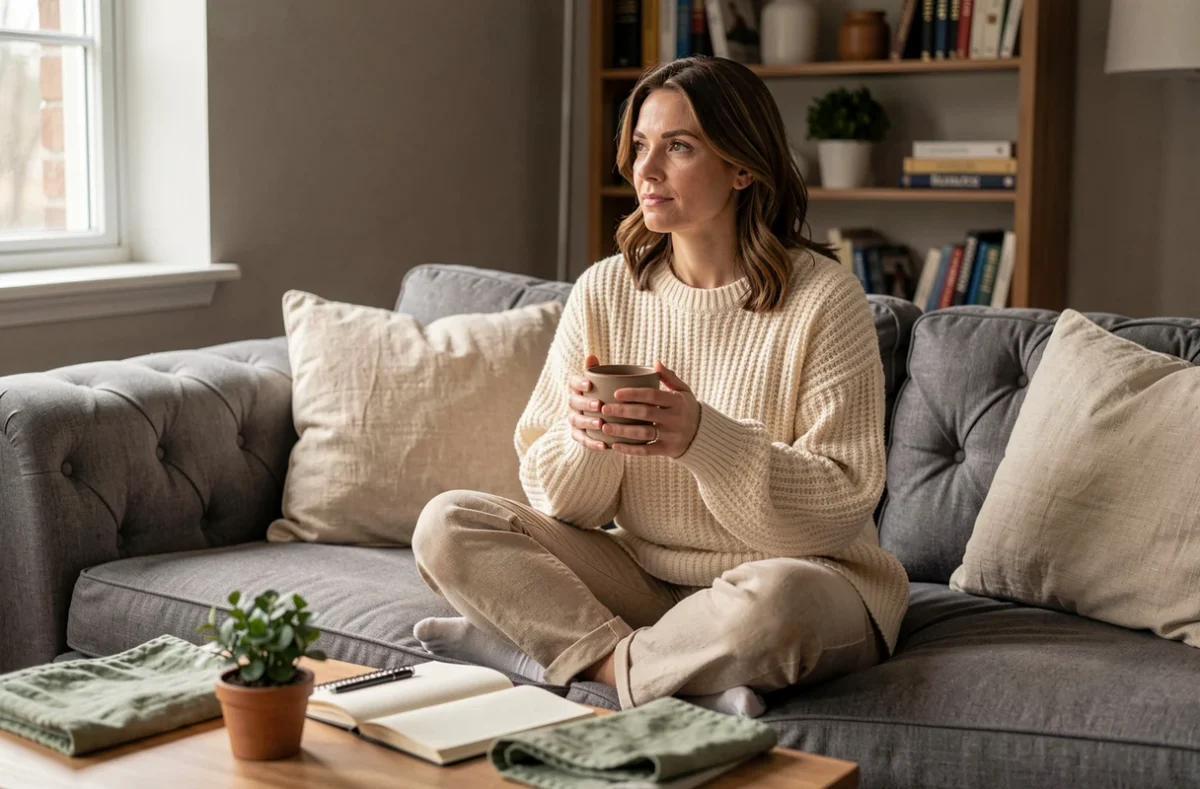 Maman en convalescence à domicile tenant une tasse chaude sur un canapé, symbolisant le repos et les choix respectés lors de la montée de lait sans allaitement