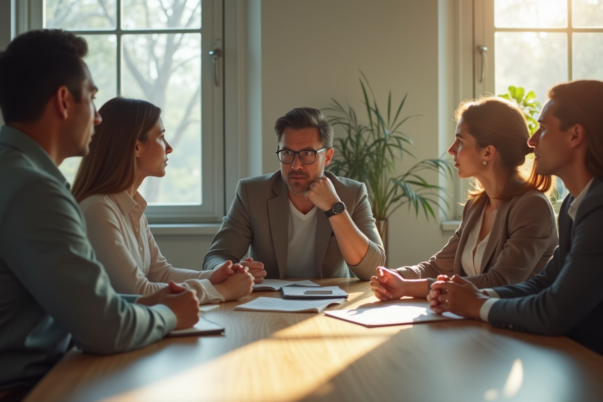 Groupe en réunion au bureau avec tension et expressions