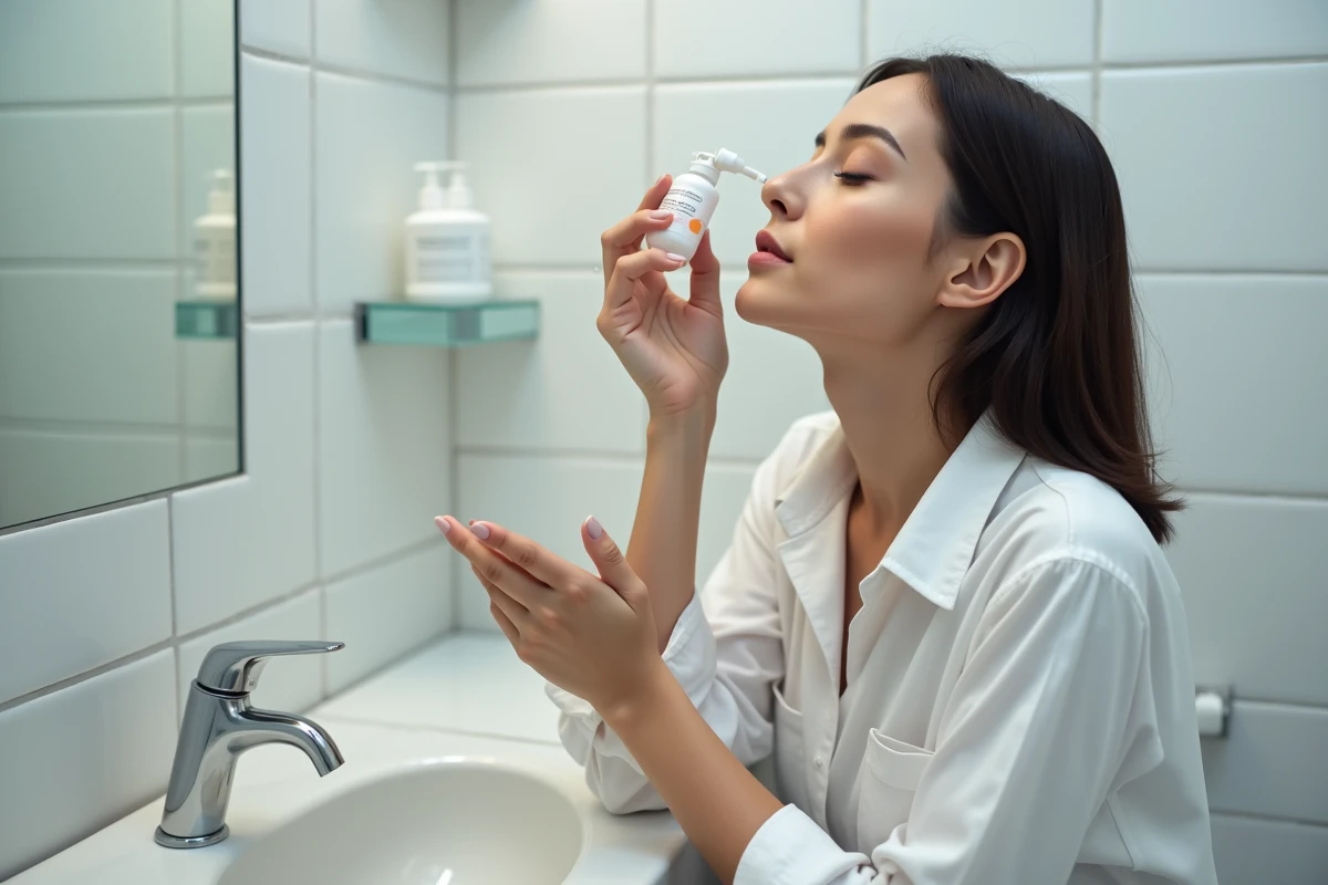 Femme appliquant un sérum physiologique pour rinçage des yeux dans une salle de bain propre