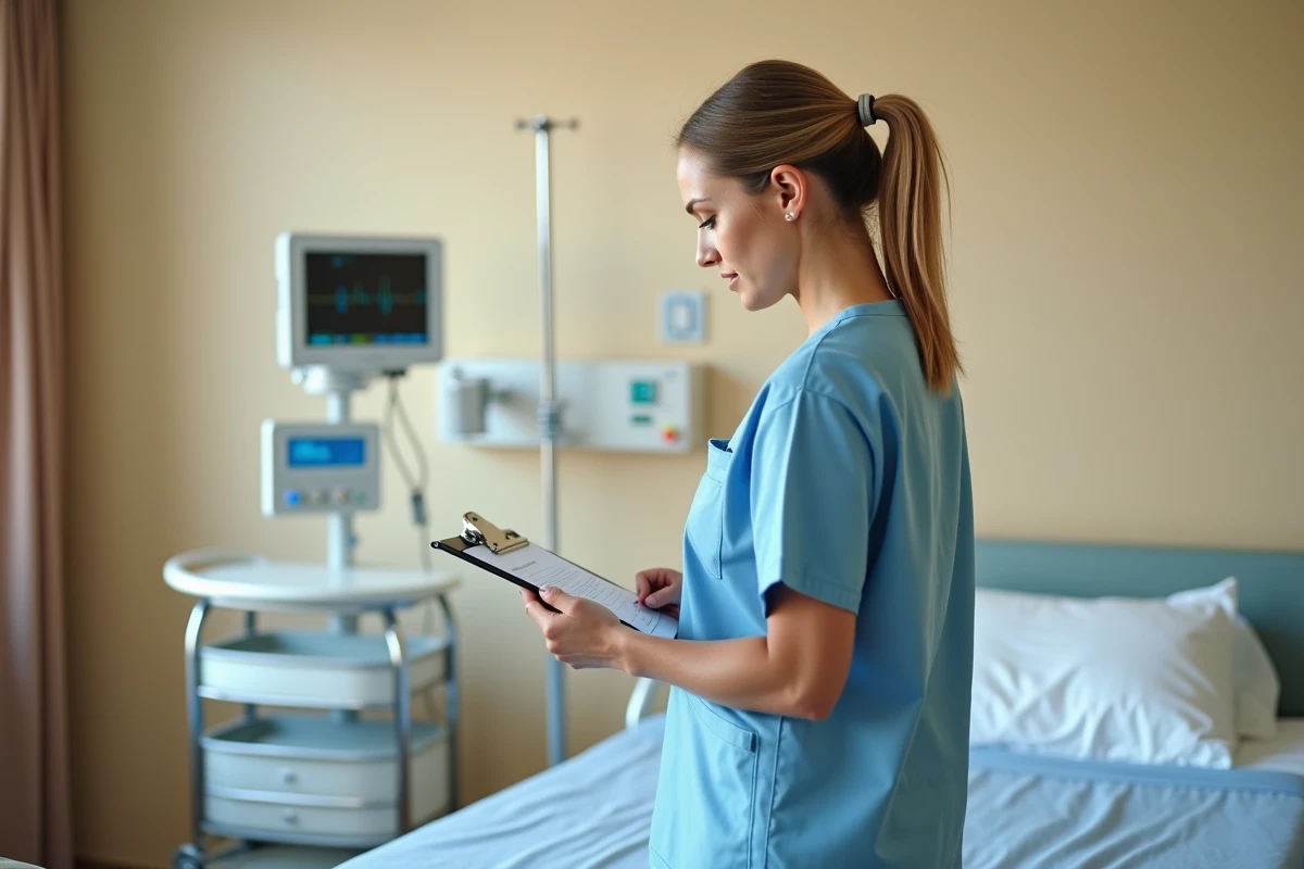 Sage-femme en maternité consultant un dossier médical lors du suivi du travail et de la dilatation cervicale