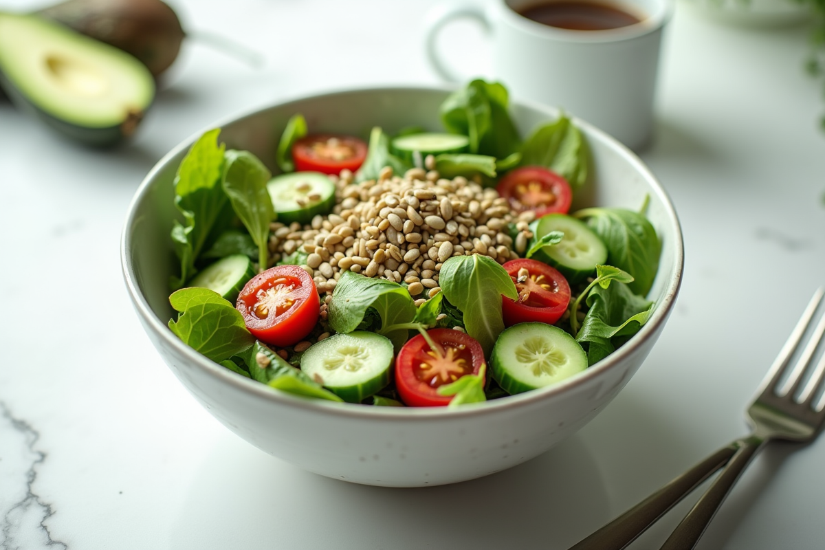 Salade saine avec concombre et tomates vue de dessus