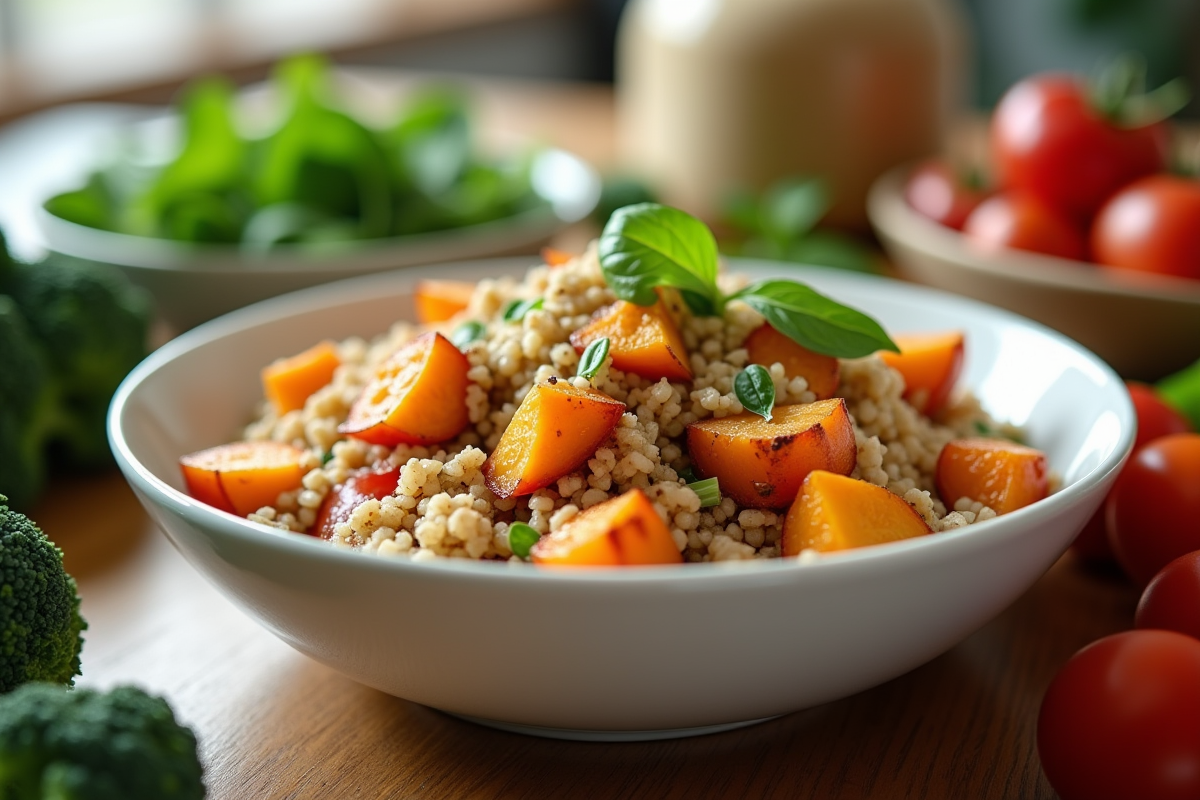 Bol de quinoa et patates douces rôties avec légumes frais