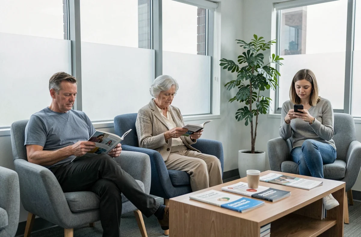 Salle d'attente moderne et apaisante d'un centre de santé à Champs sur Marne avec des patients détendus
