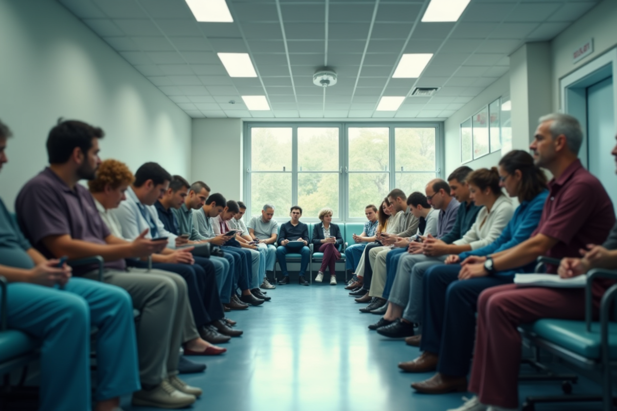 Salle d'attente d'hôpital en France avec patients divers