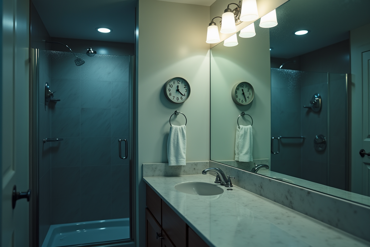 Salle de bain vide avec miroir condensation et horloge après minuit