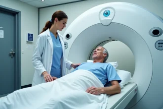 Technicienne en médecine nucléaire guidant un patient vers un scanner TEP dans un service hospitalier