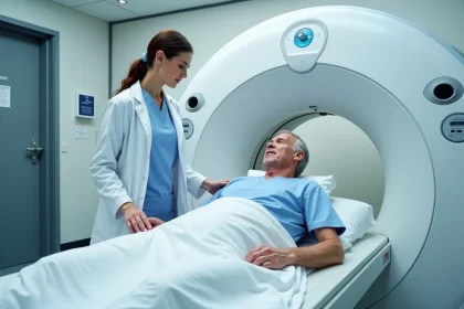 Technicienne en médecine nucléaire guidant un patient vers un scanner TEP dans un service hospitalier