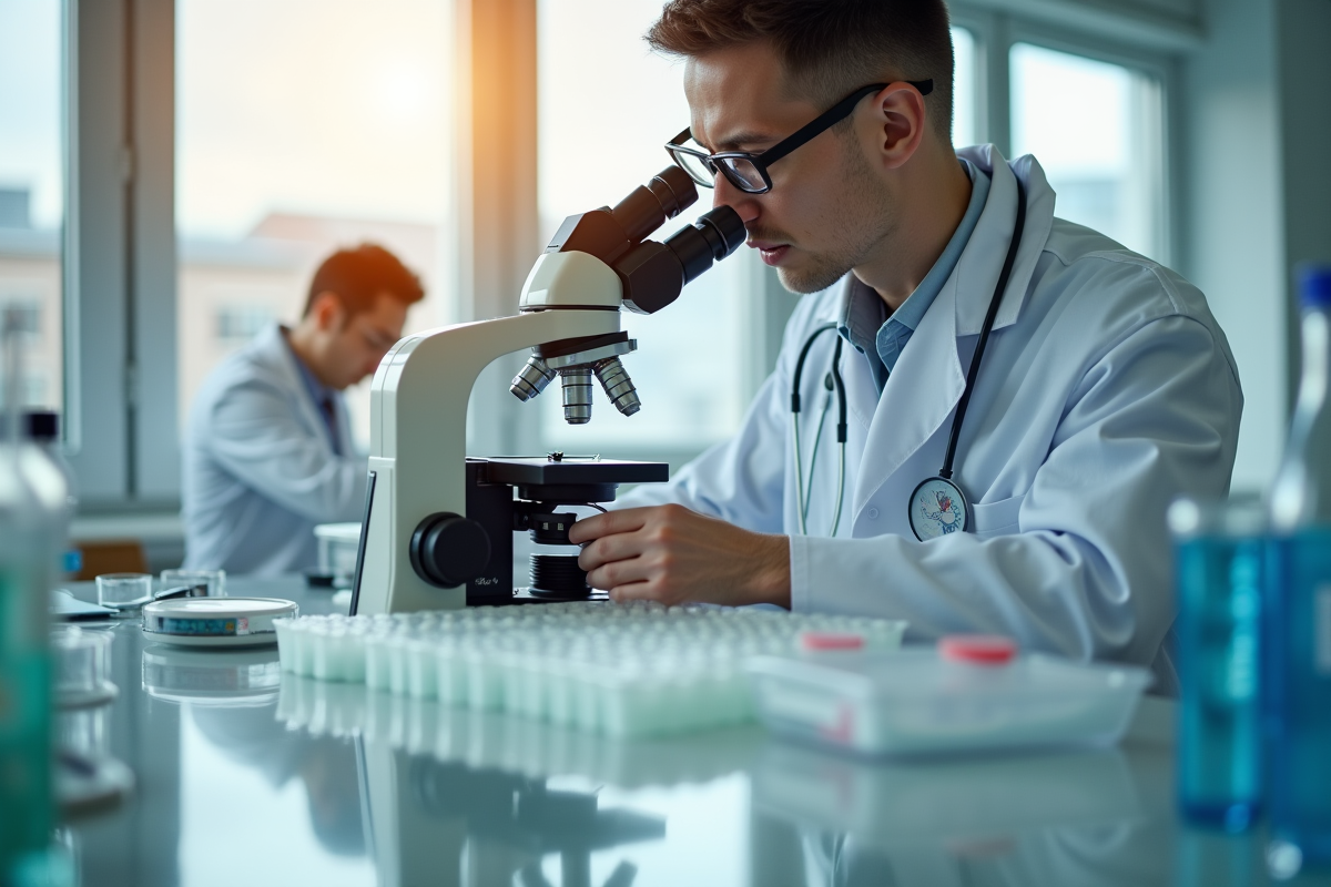 Scientifique dans un laboratoire moderne examinant des boîtes de pétri