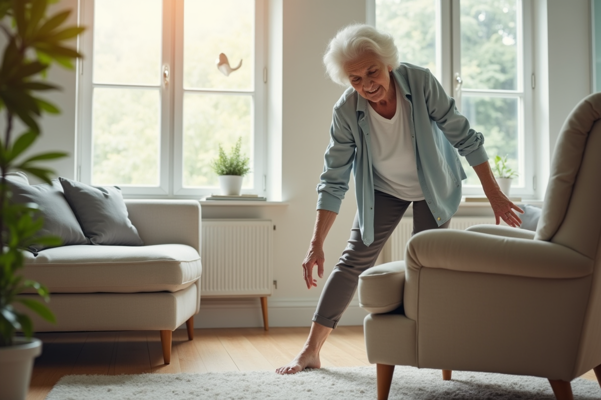 Femme senior perdant l'équilibre dans un salon lumineux