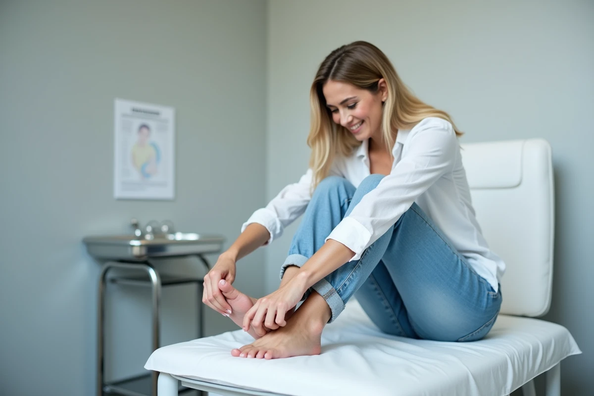 Femme examinant une sensation de chaleur sur le dessus du pied dans un cabinet médical