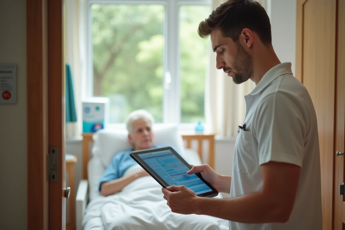 Jeune soignant avec tablette dans une chambre de maison de retraite