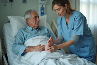 Aide soignante examinant le pied d'une personne âgée au lit
