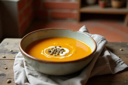 Bol de soupe de butternut maison garnie de graines de courge sur une table en bois rustique
