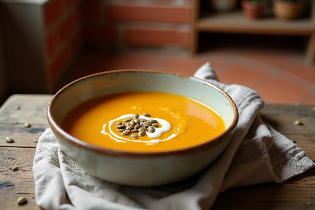 Bol de soupe de butternut maison garnie de graines de courge sur une table en bois rustique