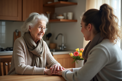 Femme agee avec aidante dans la cuisine chaleureuse