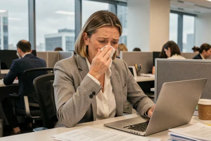 Femme professionnelle au bureau semblant fatiguée et souffrant de symptômes grippaux, illustrant la question de l'isolement au travail face au variant Covid 2026