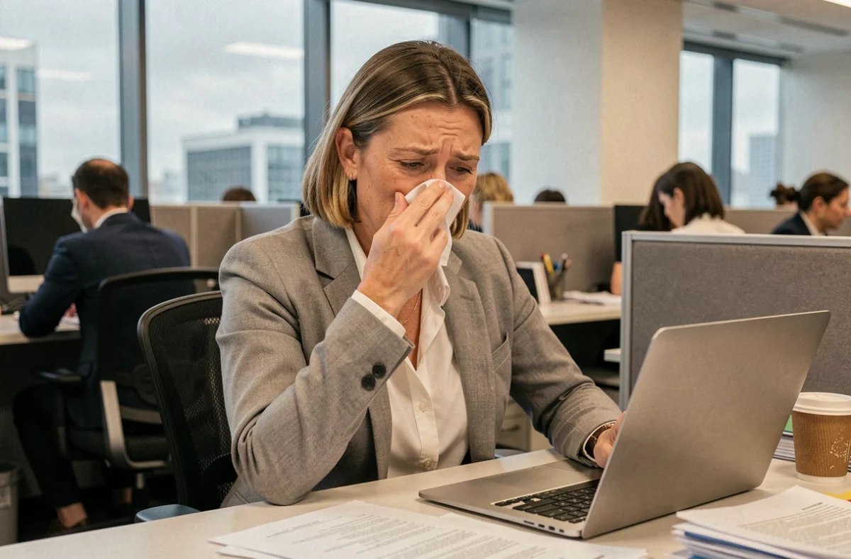 Femme professionnelle au bureau semblant fatiguée et souffrant de symptômes grippaux, illustrant la question de l'isolement au travail face au variant Covid 2026