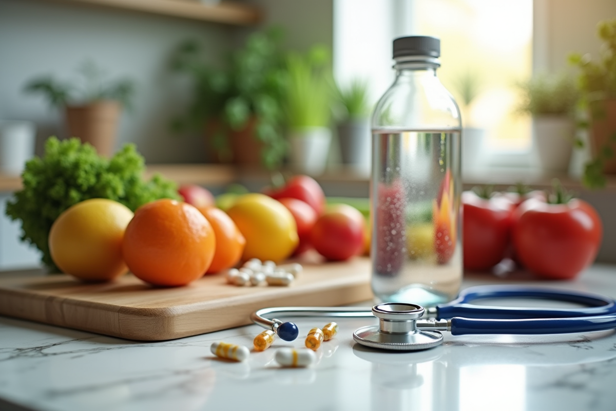 Table avec fruits légumes vitamines et stethoscope