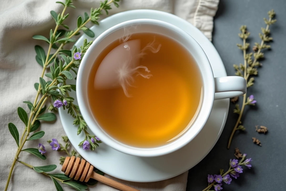 Vue de dessus d'une tasse de tisane au thym entourée de brins de thym frais