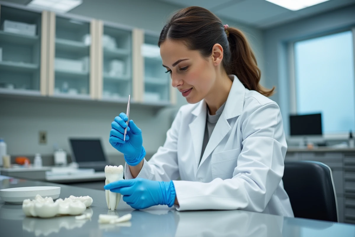 Technicienne dentaire inspectant une couronne en céramique